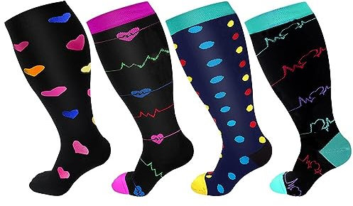 Asudaro Kompressionsstrümpfe für Damen, 4 Paar Kompressionssocken Stützstrümpfe Dicke Waden Bunt Thrombosestrümpfe Compression socks für Leichtathletik, Laufen Mehrfarbig
