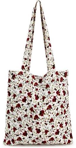 CATCHY & CRAFTY Tote Bag for Women Boho Print Resuable Canvas Shoulder Bag Casual Handbag for Books Travel Grocery Shopping, Rose Blooms, 14 x 0.75 x 14.5