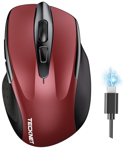 TECKNET Souris sans Fil Rechargeable, Souris Silencieuse, Jusqu'à 90% de Réduction du Bruit, 4800 DPI,6 Boutons de Souris Ergonomiques, Souris USB 2,4 G Compatible avec Ordinateur Portable, Mac, Rouge