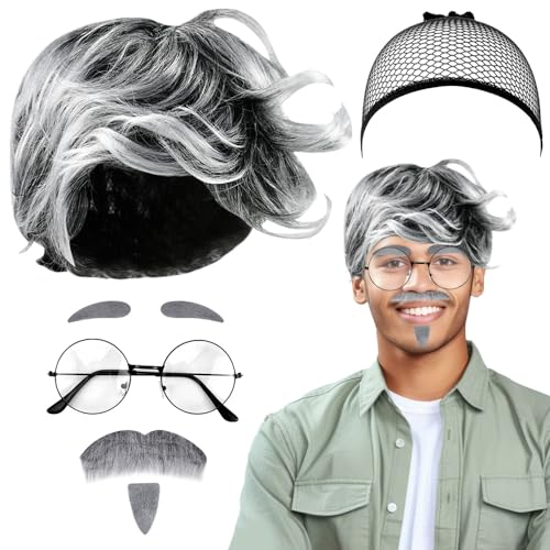 EMAGEREN 7 Stück Opa Kostüm Set Opa Perücke Grau Alter Mann Kostümzubehör Grauer Bart Augenbrauen Perückenkappe Brille Alter Großvater Perücke Cosplay Zubehör für Karneval Halloween (Hellgrau)