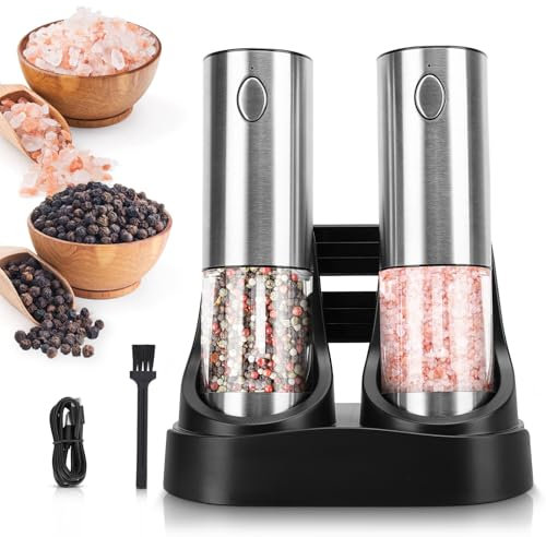 Pilipane Salz und Pfeffermühle Elektrisch 2er Set Elektrische Pfeffermühle mit Sockel Wiederaufladbar LED Beleuchtung mit Einstellbarem Keramikmahlwerk USB -Genopladelig Peber Krydderi Med poivrier