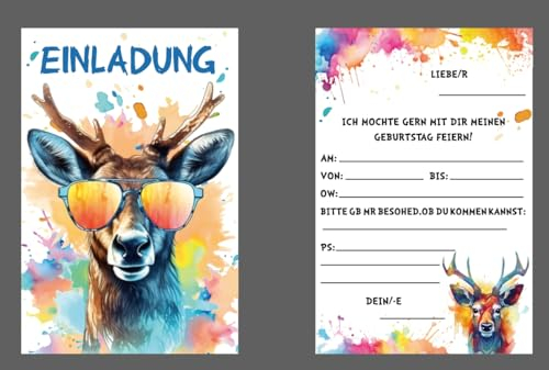 Dazzjoy 20 Stück Einladungskarten Kindergeburtstag Mädchen Junge,Elch Einladungskarten Geburtstag,Geburtstag Einladungskarten Mädchen,Aquarell Elch Kindergeburtstag Einladungskarten