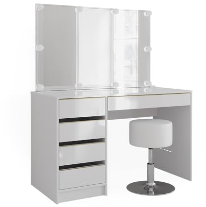 Vicco Schminktisch Sherry, Weiß/Gold, 120 cm mit LED Beleuchtung und Hocker