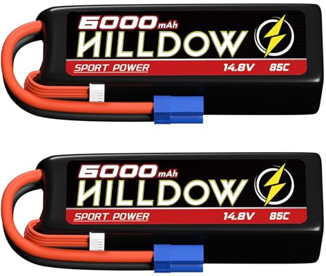 Hilldow 4S Lipo Battery 6000mAh 85C 14.8V RC Battery Softcase with EC5 Plug for RC Buggy Truggy 1/10 Scale RC Truck Crawler Monster RC Car Boat (2 Packs)