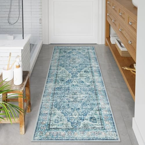 Uphome Badezimmerläufer, Used-Look, Landhausstil, lang, rutschfest, waschbar, orientalisch, Retro, Boho, Badvorleger, Läufer für Badewanne, Waschbecken, Flur, 61 x 150 cm, Hellblau