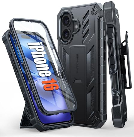 FNTCASE for Phone Case: Military Grade Rugged Cell Phone Cover with Kickstand & Holster | Shockproof TPU Protection Bumper Matte Textured Design for Cases 6.1inch-Black