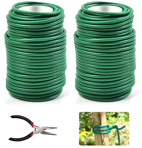 Alambre Plastificado Verde,2 Bobinas Alambre Jardin 3,5mm x 40m,Alambre Para Plantas Lazos,Alambre Para Jardinería Con Cortador,Ldeal Para Atar Rosales Trepadores y Soporte De Plantas En El Jardín