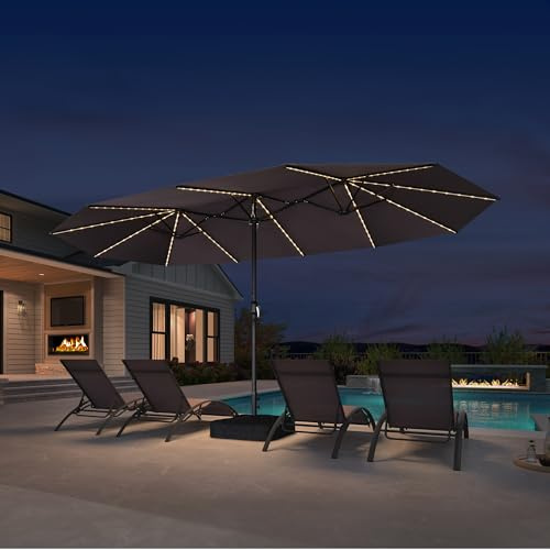 PURPLE LEAF Parasol Rectangulaire avec LED et Pied 4,55 x 2,7 x 2,4 m Gris | Parasol de jardin extérieur, Grande zone d'ombre, Résistance vent fort, Éclairage LED solaire longue durée, UPF 50+, Terrasse
