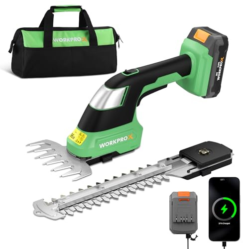 WORKPROX 20V Cordless Grass Shear & Shrubbery Trimmer - 2-in-1 Handheld Electric Grass Trimmer Hedge Shears/Grass Cutter with Tool Bag, Rechargeable Lithium-Ion Battery and Type-C Cable Included