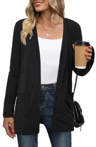 Totatuit Long Sleeve Cardigans Open Front Cardigans Women Lightweight Knitted Longline Cardigan Mid-Lendth Ladies Spring Knitwear with Pocket 05 Black M
