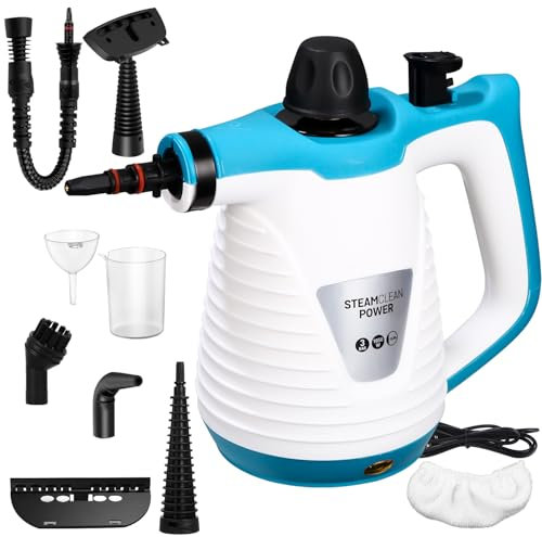 Idropulitrice A Vapore, 1050W Pulitore a Vapore Portatile, Pistola a Vapore in Alluminio 10 Accessori per Rimuovere le Macchi da Pavimena Moquette Tende Seggiolini Auto Cucina Cimici Bagni Altro