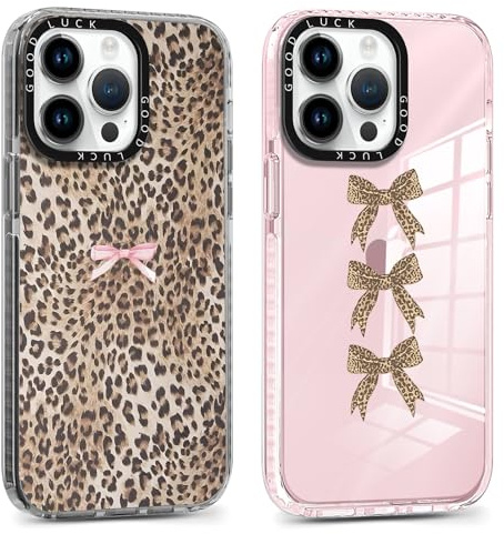RUMDEY 2 Pack Cute Cheetah Print Phone Case for iPhone 13 Pro Pink Bow Case 6.1, Clear Coquette Fashion Luxury Leopard Pattern Design Girls Women Funda Shockproof Soft TPU Protection Cover