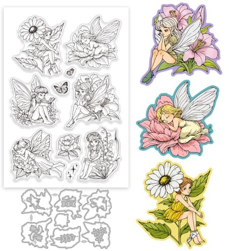 GLOBLELAND Flowers Fairy Clear Stamp and Cutting Dies Set for Card Making Daisy Peony Lily Butterfly Silicone Clear Stamp Metal Lily of The Valley Hydrangea Die Cuts for DIY Scrapbooking Photo Album