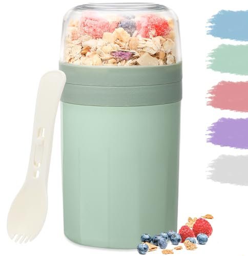 Bugucat Taza de Yogur 520ML+250ML, Porta Yogur y Fruta Vaso de Cereales para Llevar con Tapas y Cuchara, Reutilizable Porta Vaso Portátil Taza de Cereales con Recipiente para Ensaladas,Verde