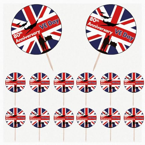 AK Giftshop VE Day 80th Anniversary Party Food & Cake Toppers Picks Decorations Flags (pack of 14)