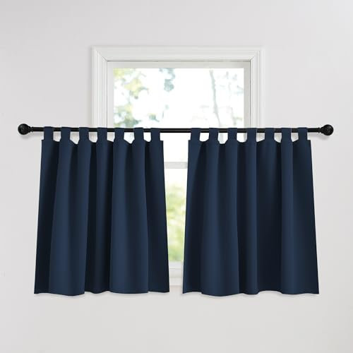 PONY DANCE Kurze Gardinen Dunkelblau Scheibengardinen Modern Küchengardinen mit Schlaufen Verdunklungsvorhänge Kinderzimmer Junge Schlaufenschal 2er Set H 120 x B 140 cm