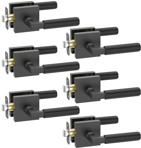 FILTA 6 Pack Matte Black Passage Door Handles Interior Door Knobs Knurled Non-Locking Door Levers Handle for Bathroom Bedroom Heavy Duty Square Door Knob