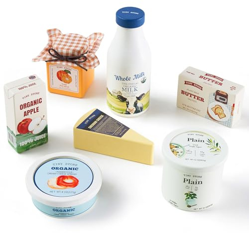 Tiny Land Comida de Juguete de Madera - Set de 7 Alimentos con Leche, Yogur y Queso, Accesorios Cocinita de Madera Montessori, Juego Simbólico para Tienda y Supermercado, Regalo Niños 2+ Años