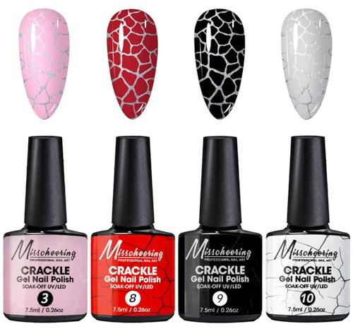 Crackle Gel Nagellack,4 Farben Rot Schwarz Weiß Rosa Crackling Nagellacks Set Art Nagellack Schnelltrocknend Stilvoller Crackle Gel Nail Polish Nails für DIY Salon Geschenk (Dry)