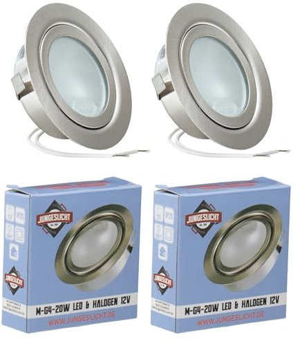 JungesLicht - Möbeleinbauleuchte 12V G4 20W, Bohrloch 55-60mm passend, Tiefe 23mm, Außen 73mm, gebürstet, (Halogen Leuchtmittel inklusive, LED geeignet), dimmbar, Möbelleuchte, Spiegelleuchte, 2 Stück