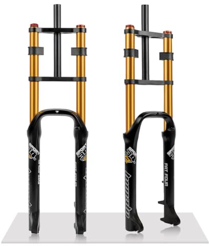 26 Zoll Fatbike Gabel 4,0 Reifen E-Bike Mountainbike Luftfedergabel Rebound Einstellung Federweg 140mm Doppelbrücken Vorderradgabel 9x135mm QR Scheibenbremse 1-1/8 Gerades Gabelschaftrohr(Gold)