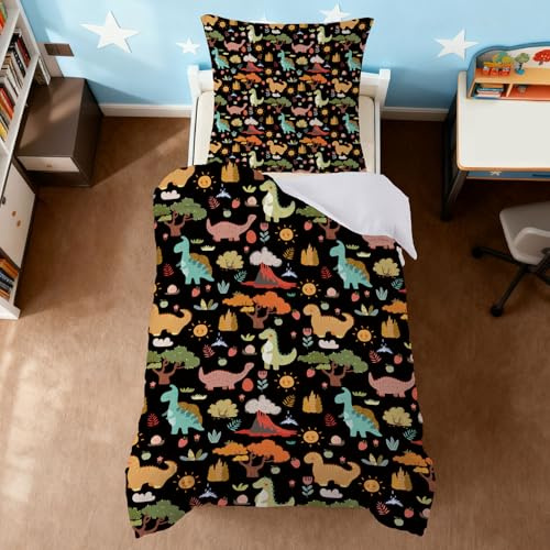 ZTYROLJ Children's Bed Linen 135 x 200 cm, Dino Bed Linen for Children Boys with Zip, Microfibre Duvet Cover with Pillowcase 80 x 80 cm