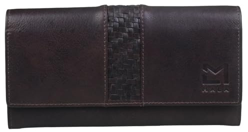 Mala Leather Oxford Matinee Purse – Genuine Brown Leather with Woven Panel – RFID Protected Flap Over Wallet with 12 Card Slots, Coin & Receipt Pockets – 19 x 9.5 x 3 cm