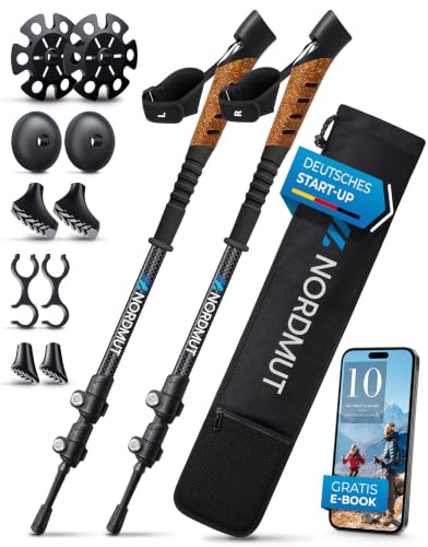 NORDMUT® Wanderstöcke Teleskop aus stabilen Aluminium oder Carbon - Leichte Nordic Walking Stöcke Damen und Herren - Komfortable Korkgriffe mit Eva-Schaum Verlängerung