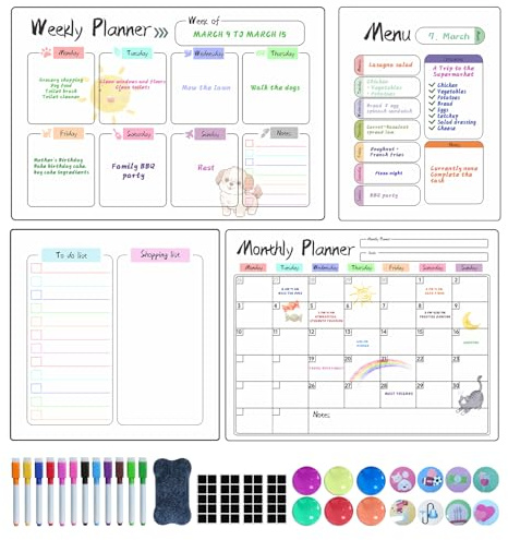 Prelisee 4 Pcs Whiteboard Weekly Planner Magnetic for Fridge & Wall, A3 Monthly Planner Dry Wipe Can Be Used As Meal Planner Week,To Do List,Household Planner,with 12 Markers,Eraser,Fridge Magnets