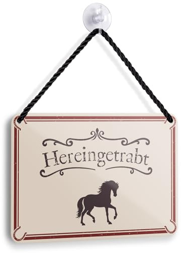 Hereingetrabt Pferd Blechschild 18x12cm mit Kordel & Saugnapf - Reiter Metallschild Vintage - Pferdestall Wanddeko - Nostalgie Hängeschild - Geschenk für Pferdefreunde
