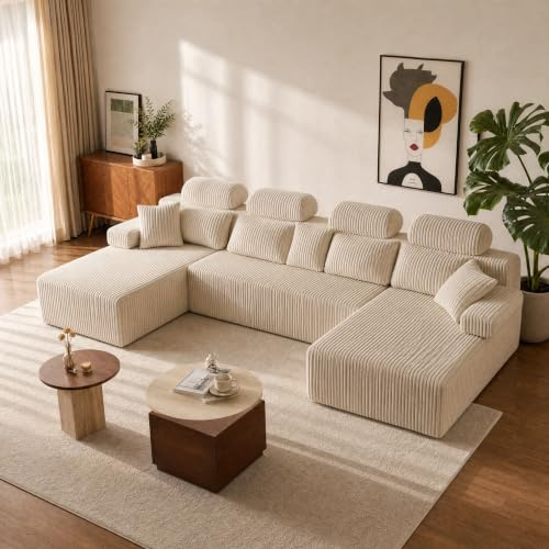 HOMRELEXA 276cm Ecksofa mit Schlaffunktion hoher Rückenlehne Boneless Couch | U-Form Schlafsofa Cordstoff, 5-Sitzer mit Ottomane, Relaxsofa für Wohnzimmer, Keine Montage, Beige