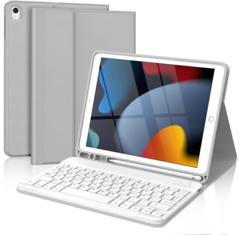 Funda Teclado para iPad 9/8/7 Generación 10,2/Air 3 10,5/Pro 10,5” | QWERTY Español Ñ, Magnético Desmontable Bluetooth Teclado, Funda con Portalápices, para iPad 10,2 2021/2020/2019(Gris Claro)