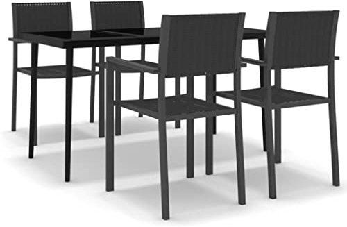 Mhdvray 5-TLG. Garten-Essgruppe Schwarz 140x70 cm Tisch aus Stahl-Glas 4 Rattan-Look Stühle 110 kg Belastbar Modernes Design Robust und Langlebig für Balkon Terrasse und kleine Outdoor-Sitzecke