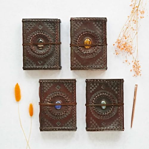 Fair Trade Indra Tagebuch Leder mittel 110 x 160 mm mit Prägungen, Halbedelstein und Nähte