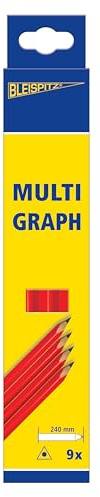 Bleispitz Multigraph (9 Stk., weiche Mine Graphit 7B, dreieckig, 240 mm, aus Lindenholz, wasserfest, für glatte Oberflächen, Holz, Karton, Papier, Metall, Fliesen, Handwerkerbleistift) 0396