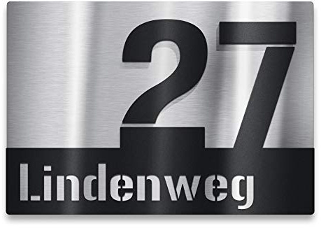 Metzler Edelstahl Hausnummernschild mit 3D-Effekt - Edelstahl Türschild mit aufgesetzter Hausnummer und Straße - Hausnummernschild - Größe: 25 x 17,5 cm (Schwarz)