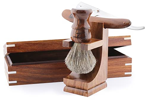 Haryali London Rasiermesser Set- nachhaltige 4 teiliges Rasierset aus Holz - Dachshaar Rasierpinsel - Rasiermesser mit Holzgriff - Rasierständer oder Rasierpinselhalter - schöne Holzkiste