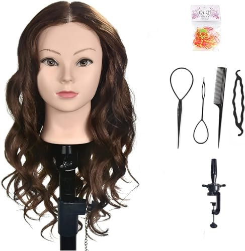 Übungskopf mit 100% Echthaar, für professionelles Frisieren, Hairstyling, Übungspuppe für Kosmetik, mit Schraubzwinge