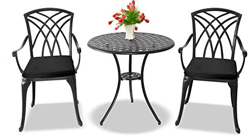 Centurion Supports OSHOWA Black Garden & Patio Table & 2 Large Chairs with Armrests Cast Aluminium Bistro Set with Black Cushions