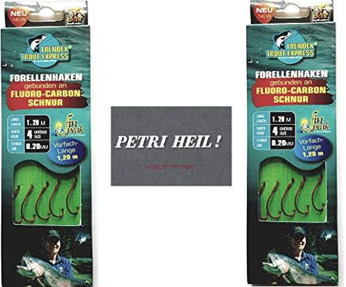 Set: 2-6 Packungen gebundene Forellenhaken (10-30 Stück) an Fluoro-Carbon Schnur Vorfach, Hakengröße 4, 6 & 8 von Behr + gratis Petri Heill! Aufkleber (2 Packungen Hakengröße 4)