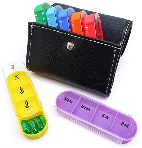 Tablettenbox 7 Tage 28 Fächer Deutsch-Medikamentenbox Reise Morgens Mittags Abends Nachts mit PU Leder Etui Pillendose Tragbar Medikamentendosierer Pillenbox 4 Fächer/Tag