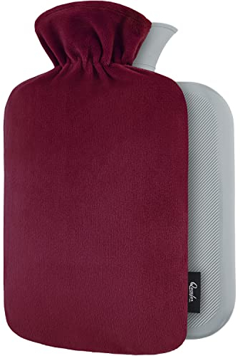 Bouillotte avec Housse Polaire - Housse Premium Douce et Molletonnée - Grande Capacité 1,8 L - Bouillotte Eau Chaude pour Soulagement de la Douleur, Dos, Cou et Épaules - Bourgogne