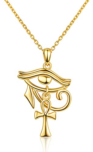 KINGWHYTE Ankh Kette 925 Sterling Silber Ägyptisches Kreuz Halskette dem Auge des Horus Anhänger für Damen Herren(Gold)