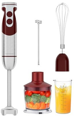 Mixeur plongeant MEGAWISE, mixeur plongeant 5 en 1 amélioré, moteur entièrement en cuivre, tige de mixage renforcée en titane, 12 vitesses (rouge)