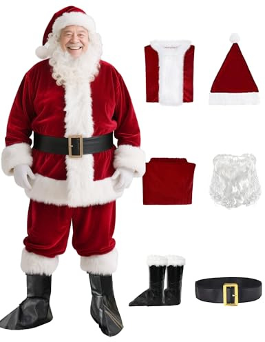 MongByYa Santa Claus Costume for Men Adult - Deluxe 6PCS Santa Suit, Velvet Santa Outfit Set for Holiday Parties & Festive Events