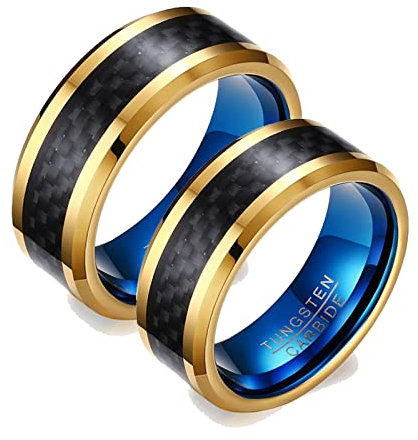 ANAZOZ 2 Stück Eheringe Paarpreis Wolfram 8mm Kohlefaser Bicolor Poliert Partnerringe Trauringe Partnerringe Set Frauen Gold Blau Eheringe King und Queen Frau:57 (18.1) & Mann:60 (19.1)