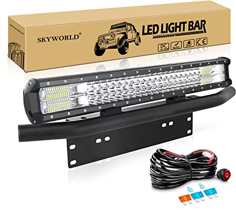 SKYWORLD LED-Lichtleiste, 59 cm 324W Spot-Flut-Kombistrahl, Arbeitslampe mit schwarzem Nummernschild-Montagehalterung, 12 V Kabelbaum-Set, Ein-/Ausschalter für LKW Auto ATV SUV 4X4