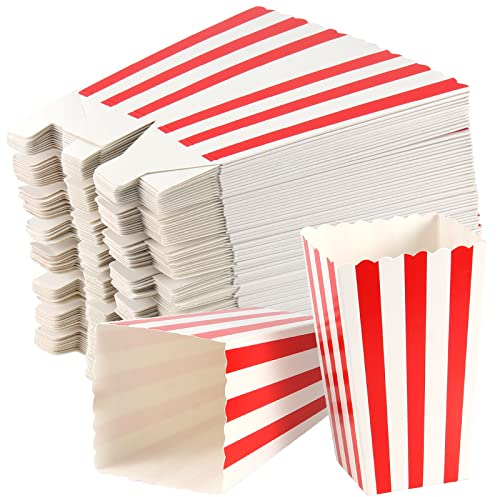 SEUNMUK 120 boîtes de pop-corn en papier rayé, 280 g/m², mini sacs de pop-corn en carton, petites boîtes de bonbons en papier, pour les soirées cinéma, les fêtes, les mariages, rouge et blanc.