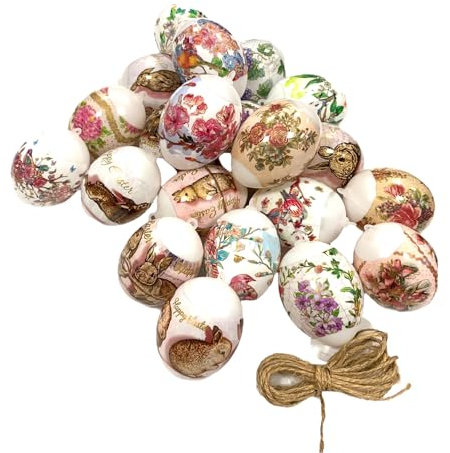 Ukrainisches Kunsthandwerk® 21 Ostereier zum Aufhängen/mit Folie bezogen/Hasen/Blumen/Wetterfest/Kunststoffeier