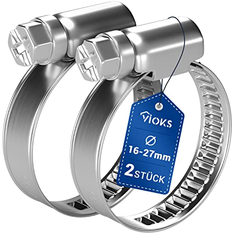 VIOKS Lot de 2 colliers de serrage pour tuyau d'essence tuyau de piscine de 16-27 mm de diamètre - Petit tuyau en acier inoxydable - Colliers de serrage pour machine à laver tuyau colliers de serrage